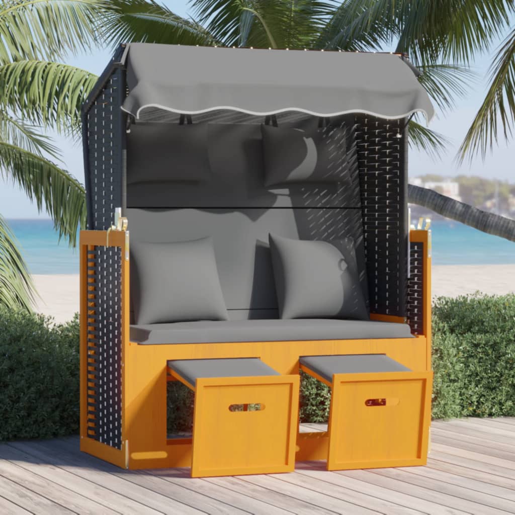 Strandkorb Cuscino Polyrattan e Legno Massello Nero e Antracite - homemem39