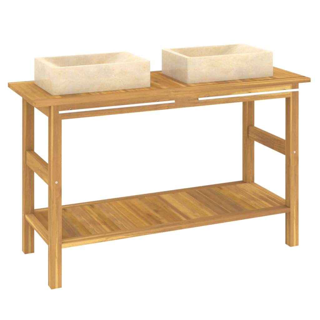 Mobile Vanità Bagno e Lavandini Marmo Crema Legno Massello Teak - homemem39