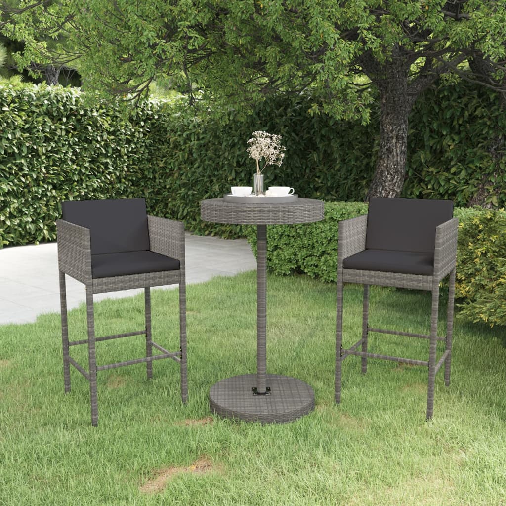 Set Bar da Giardino 3 pz con Cuscini in Polyrattan Grigio - homemem39