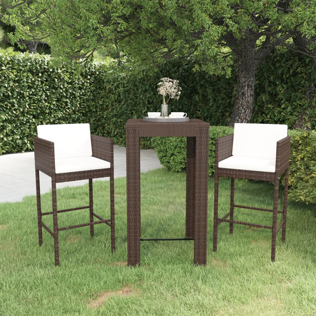 Set Bar da Giardino 3 pz con Cuscini Polyrattan Marrone - homemem39