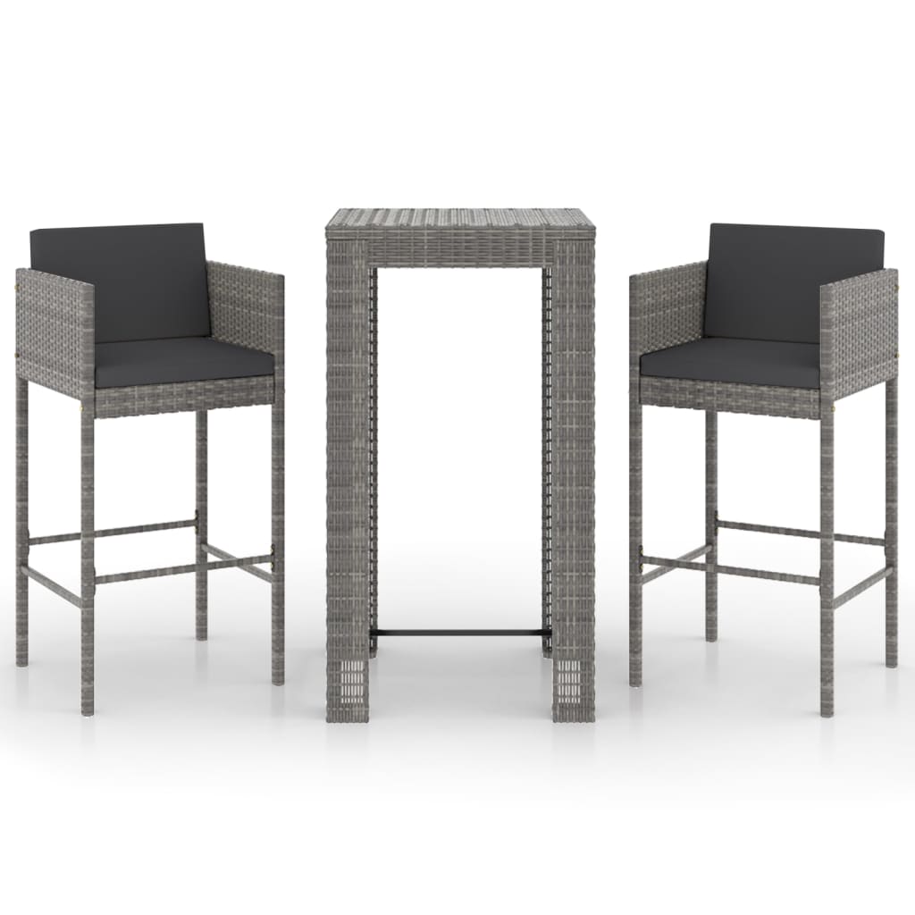 Set Bar da Giardino 3 pz con Cuscini in Polyrattan Grigio - homemem39