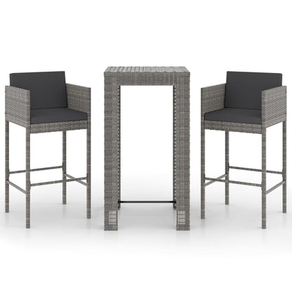 Set Bar da Giardino 3 pz con Cuscini in Polyrattan Grigio - homemem39