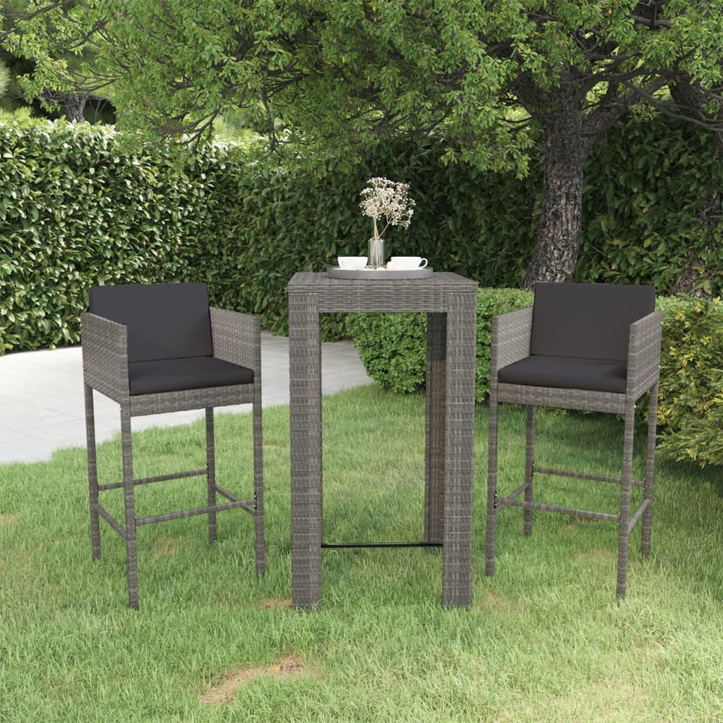 Set Bar da Giardino 3 pz con Cuscini in Polyrattan Grigio - homemem39