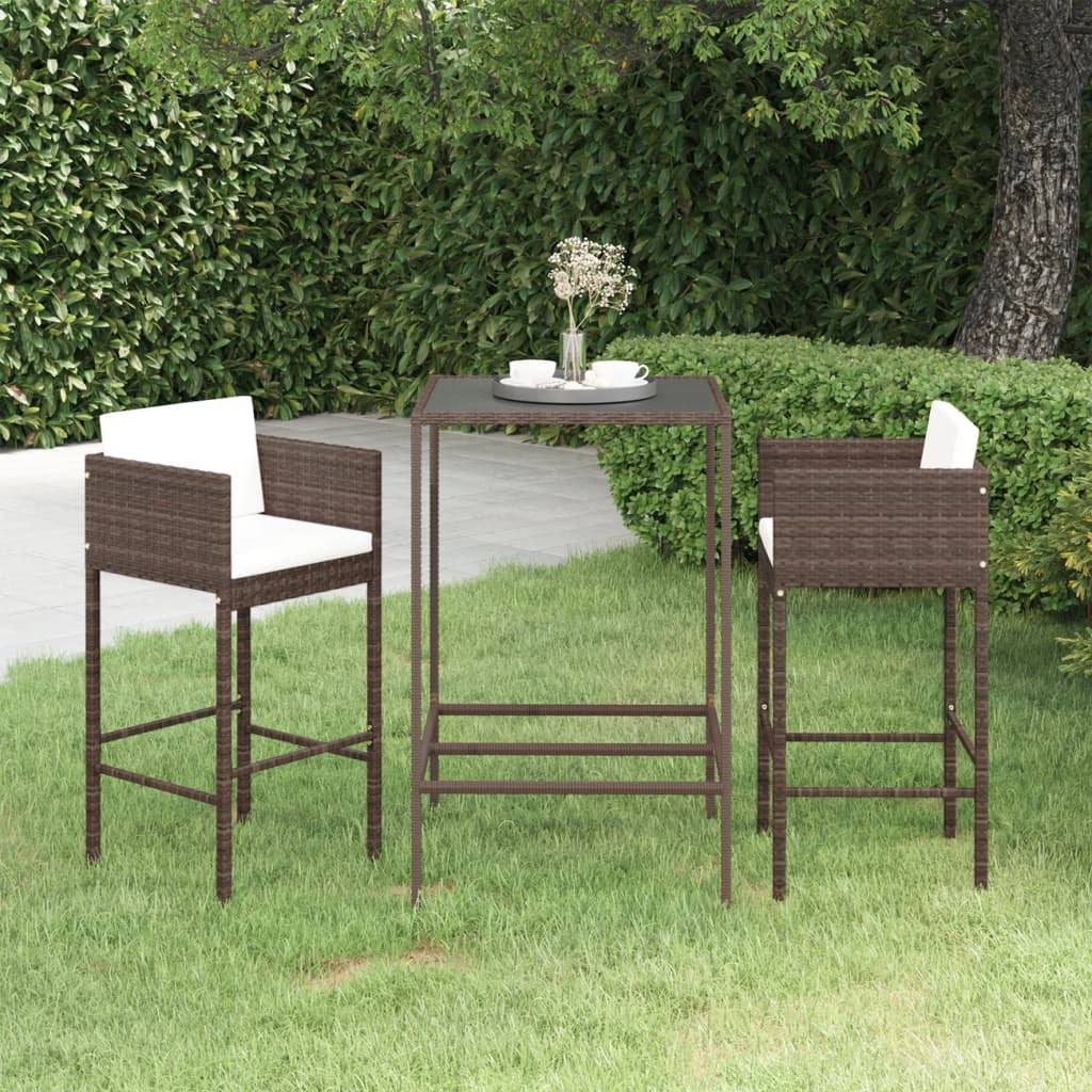 Set Bar da Giardino 3 pz con Cuscini in Polyrattan Marrone - homemem39