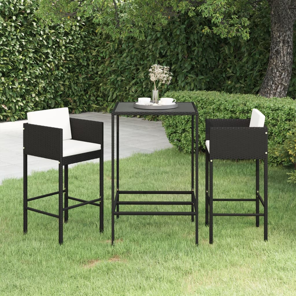 Set Bar da Giardino 3 pz con Cuscini Polyrattan Nero - homemem39