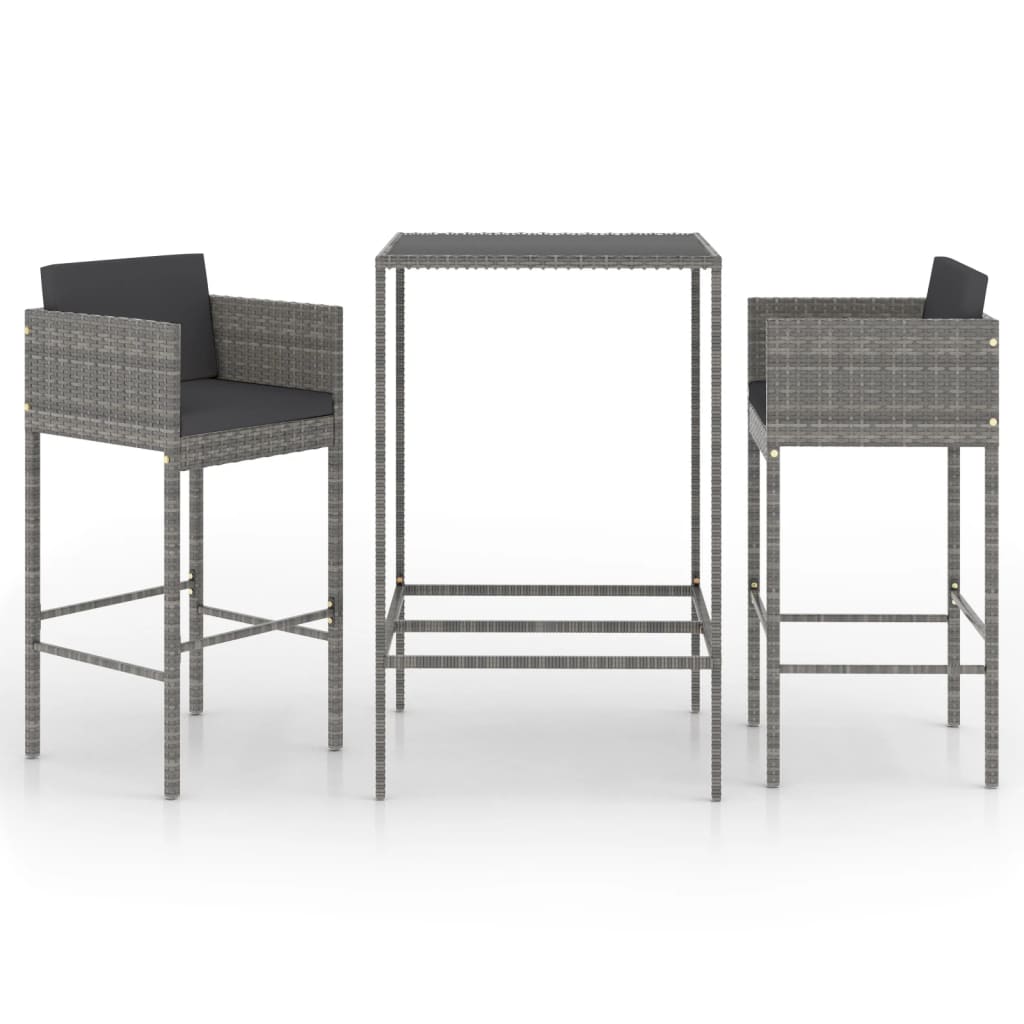 Set Bar da Giardino 3 pz con Cuscini in Polyrattan Grigio - homemem39