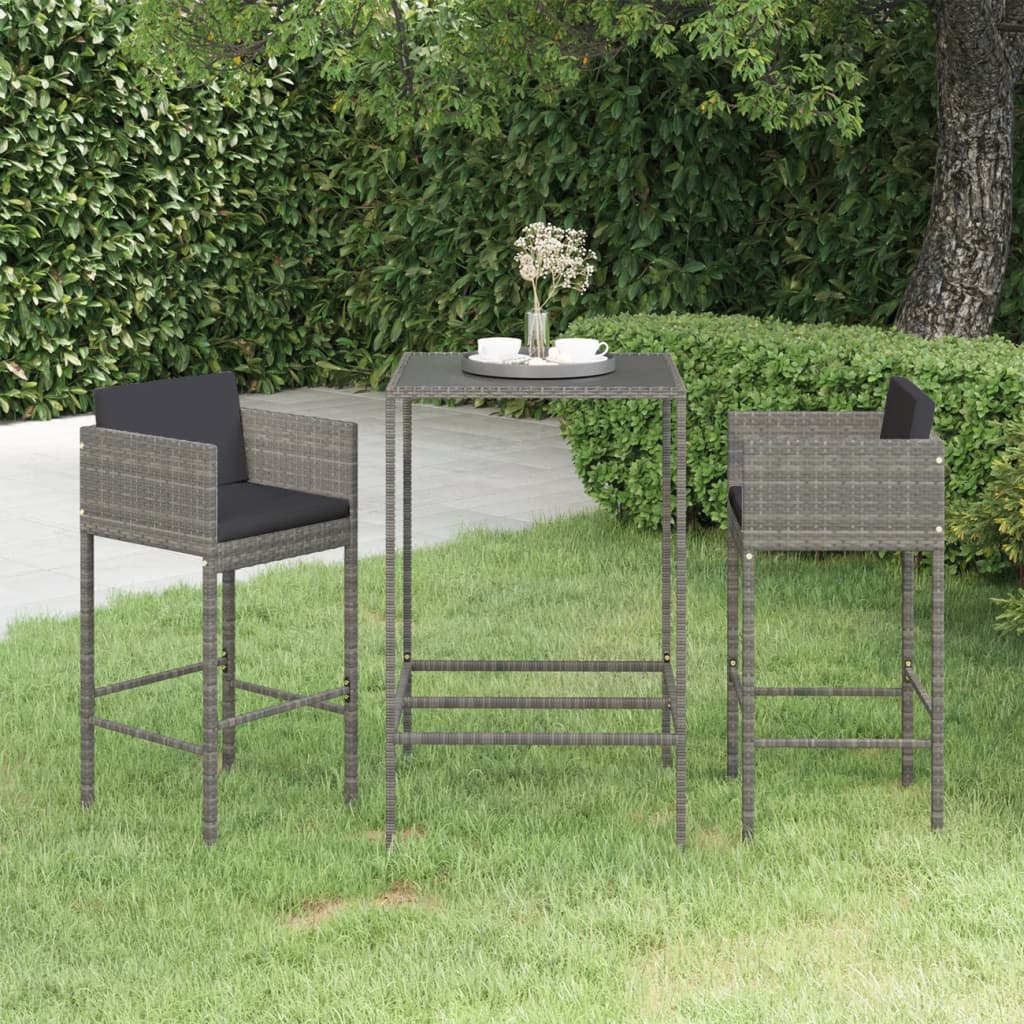 Set Bar da Giardino 3 pz con Cuscini in Polyrattan Grigio - homemem39