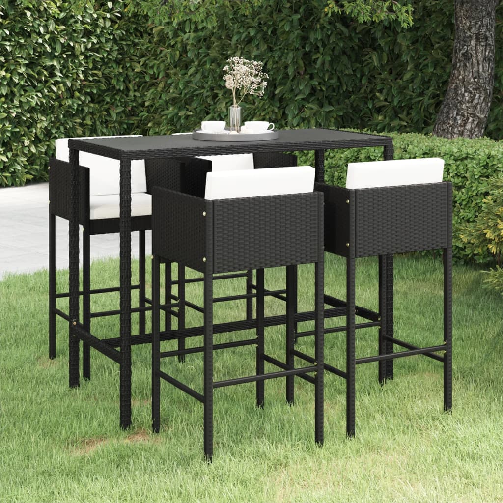 Set Bar da Giardino 5 pz con Cuscini in Polyrattan Nero - homemem39