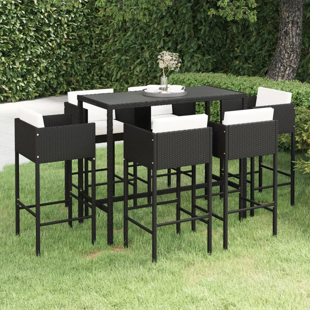 Set Bar da Giardino 7 pz con Cuscini in Polyrattan Nero - homemem39