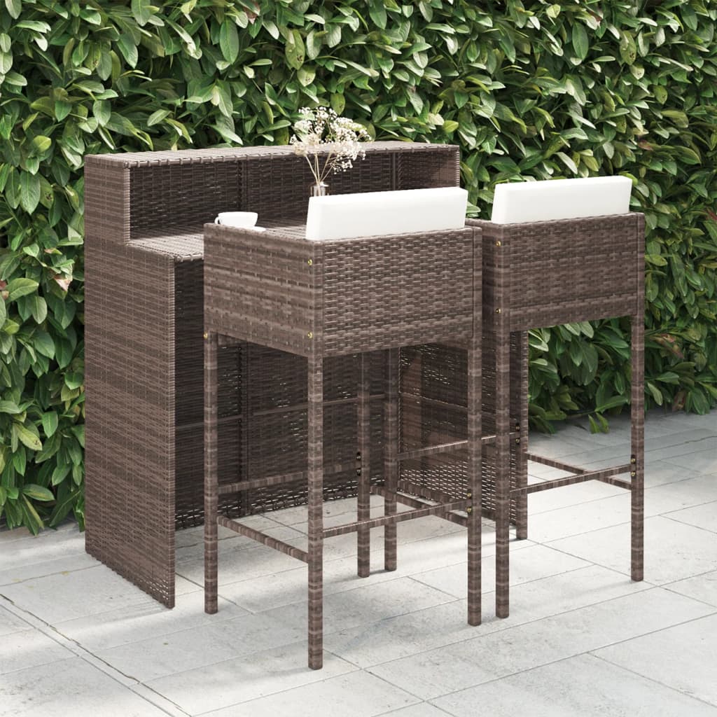 Set Bar da Giardino 3 pz con Cuscini Polyrattan Marrone - homemem39