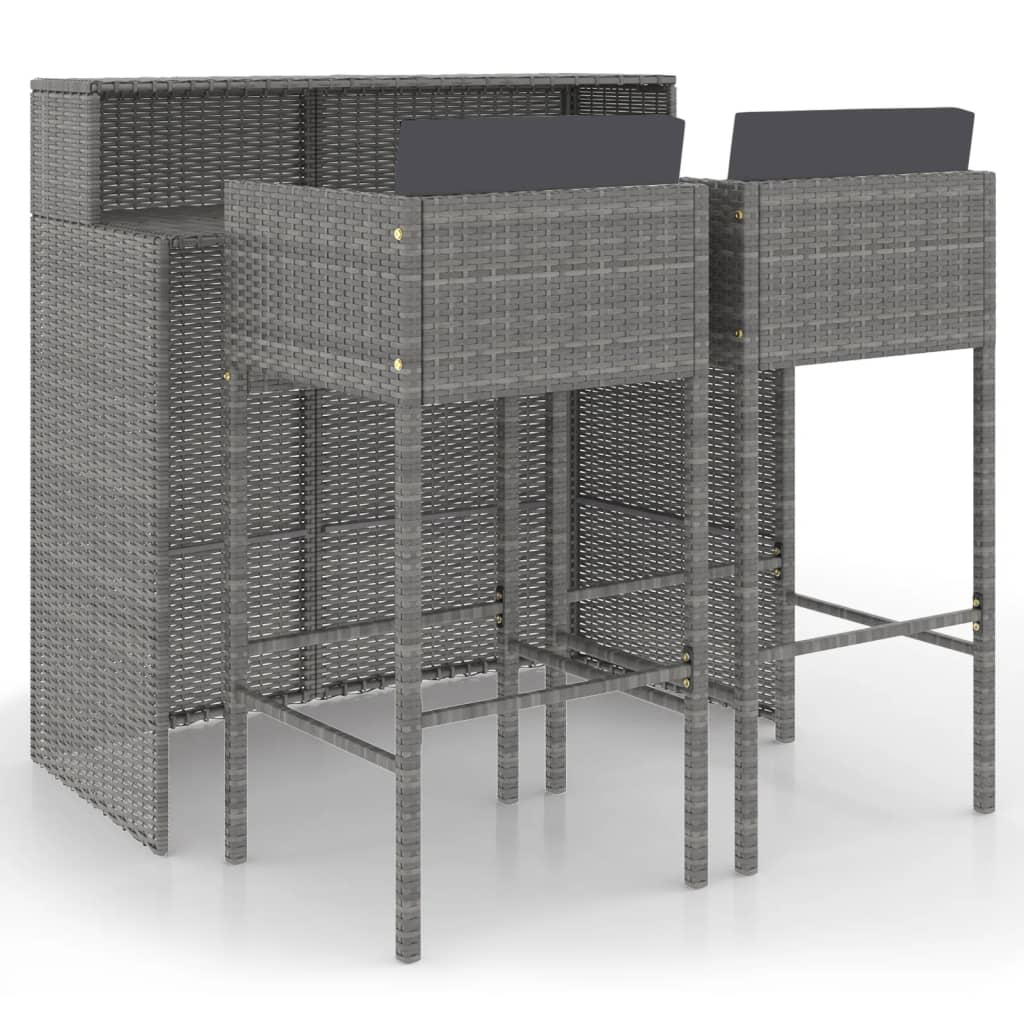 Set Bar da Giardino 3 pz con Cuscini in Polyrattan Grigio - homemem39