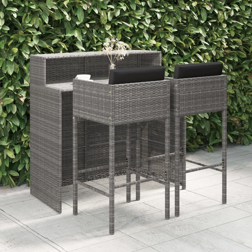 Set Bar da Giardino 3 pz con Cuscini in Polyrattan Grigio - homemem39