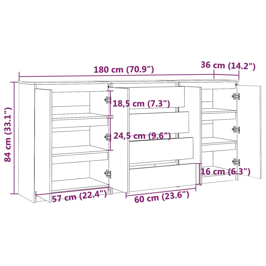 Credenze 3 pz in Legno Massello di Pino Nero - homemem39