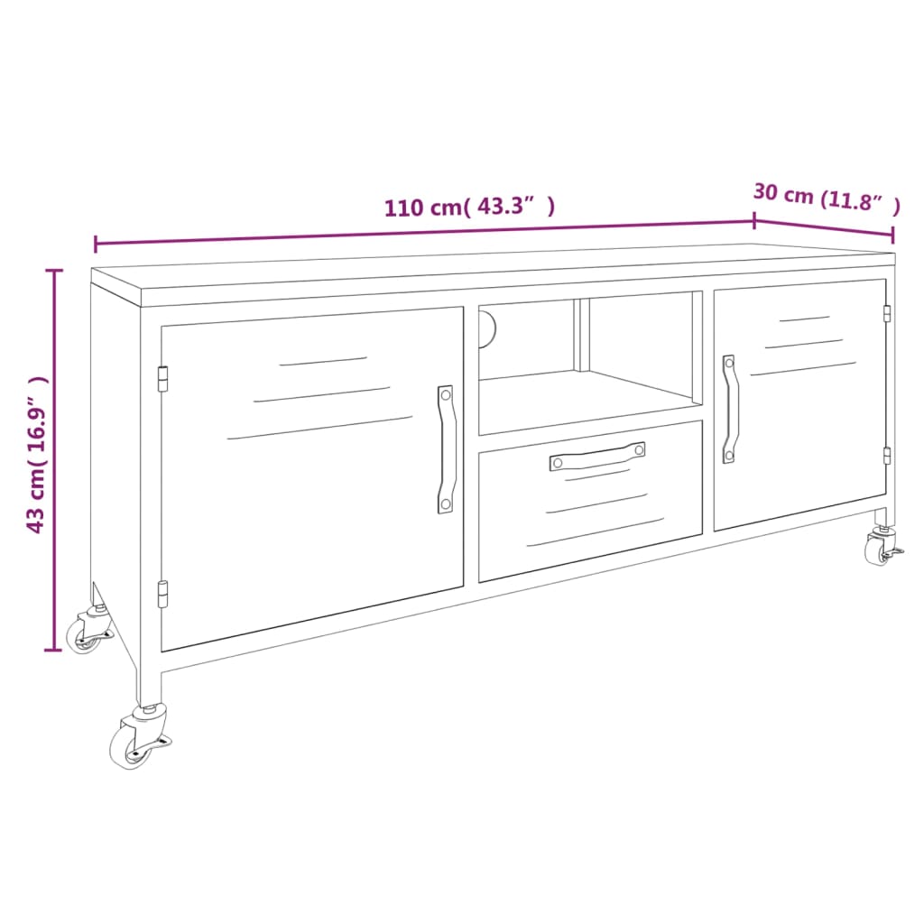 Mobile TV Nero 110x30x43 cm in Ferro e Legno Massello di Abete - homemem39