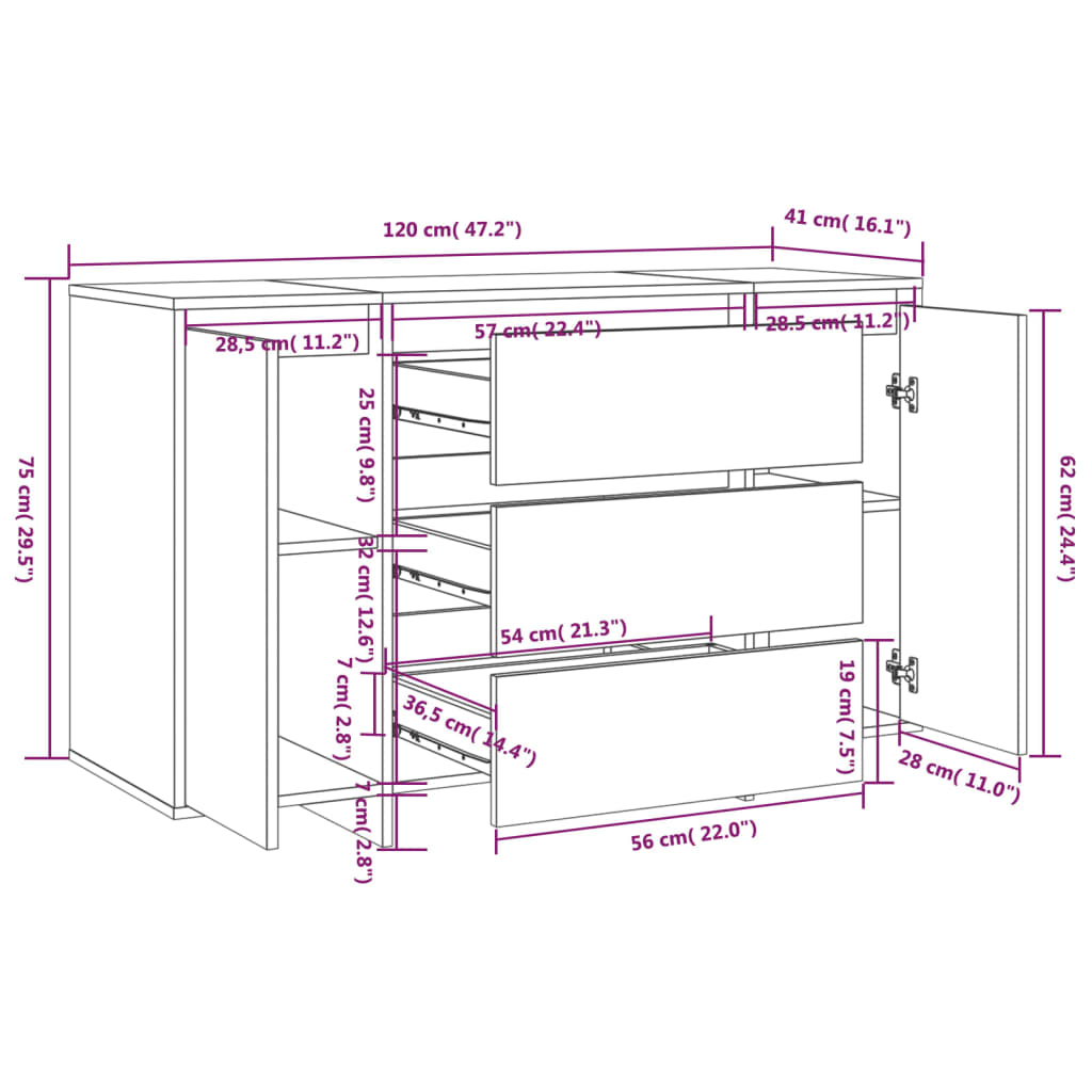 Credenza con 3 Cassetti Bianca 120x41x75 cm in Truciolato - homemem39