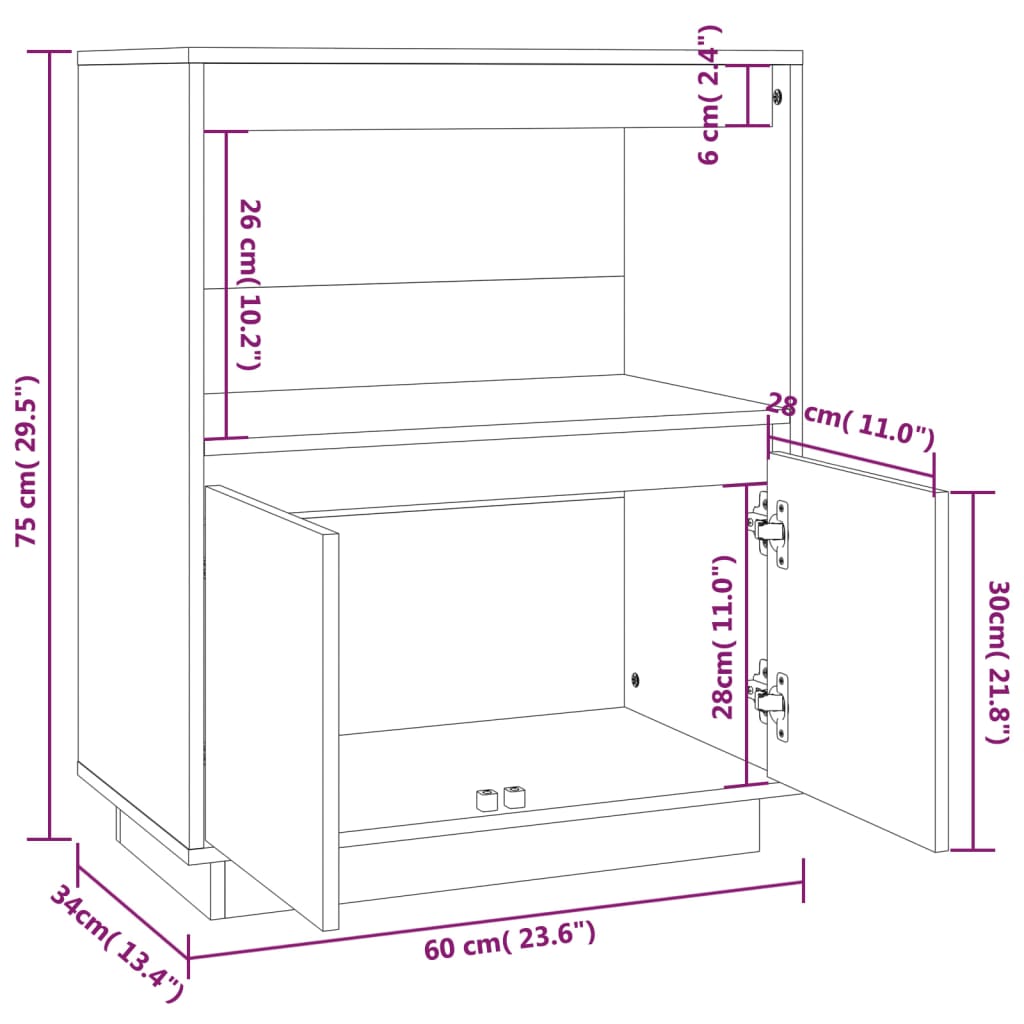 Credenza Bianca 60x34x75 cm in Legno Massello di Pino - homemem39