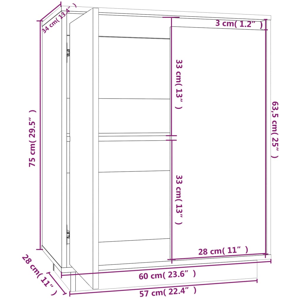 Credenza Bianca 60x34x75 cm in Legno Massello di Pino - homemem39