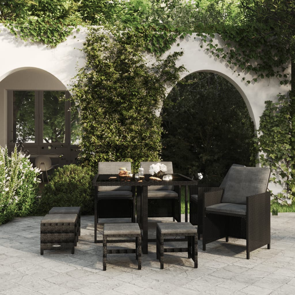 Set da Pranzo da Giardino 9 pz con Cuscini in Polyrattan Nero - homemem39