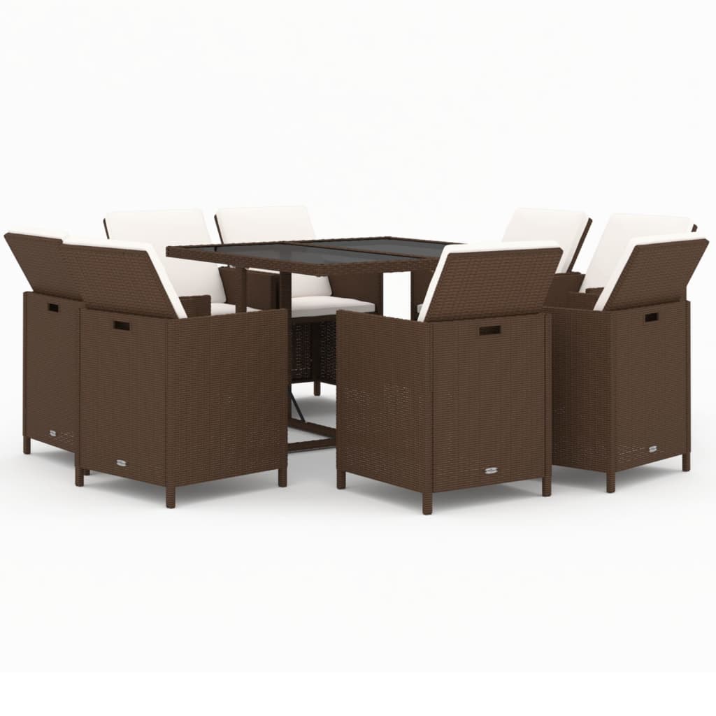 Set da Pranzo per Giardino 9 pz con Cuscini Polyrattan Marrone - homemem39