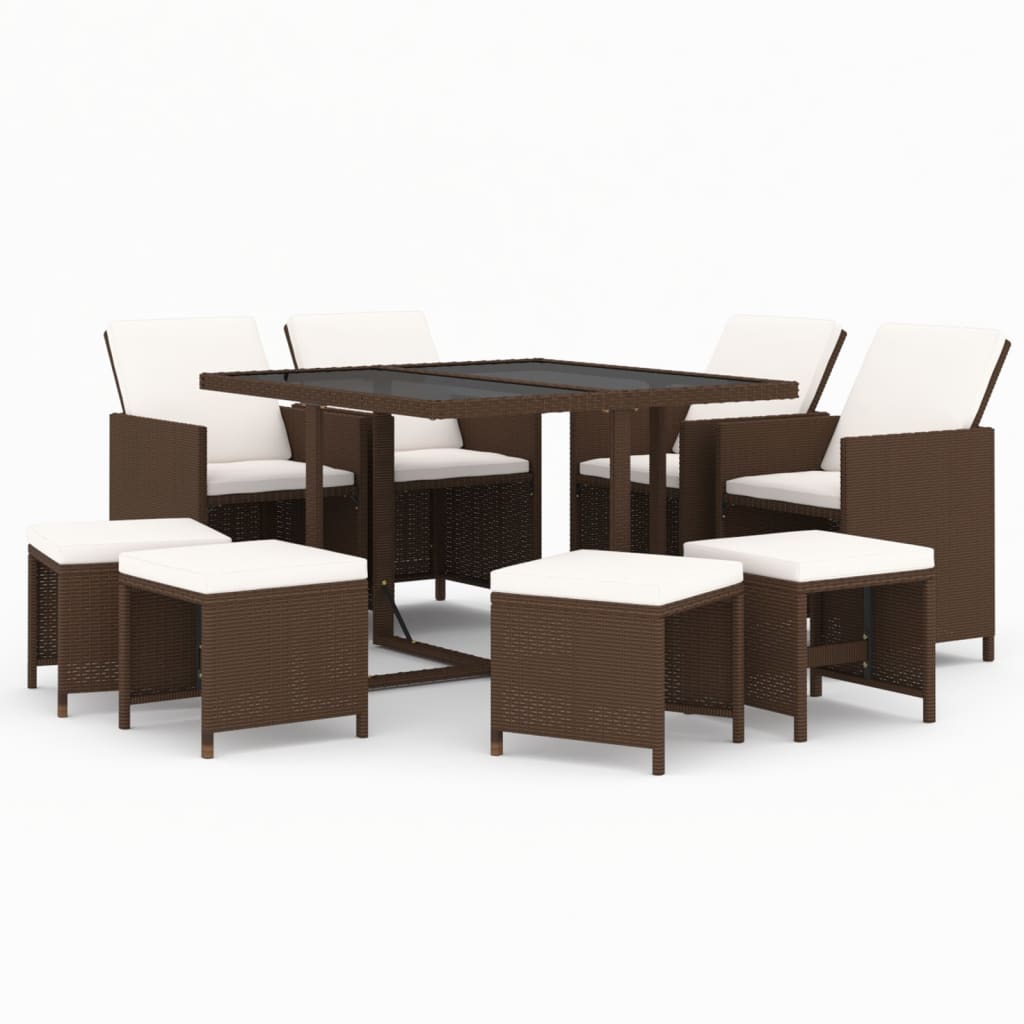 Set da Pranzo per Giardino 9 pz con Cuscini Polyrattan Marrone - homemem39