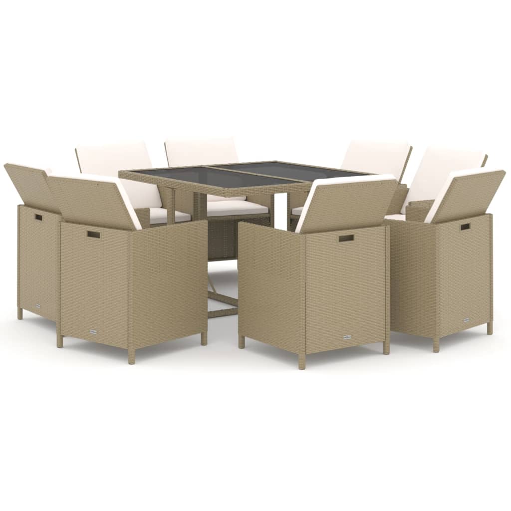 Set da Pranzo per Giardino 9 pz con Cuscini in Polyrattan Beige - homemem39