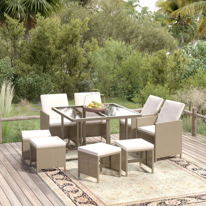 Set da Pranzo per Giardino 9 pz con Cuscini in Polyrattan Beige - homemem39