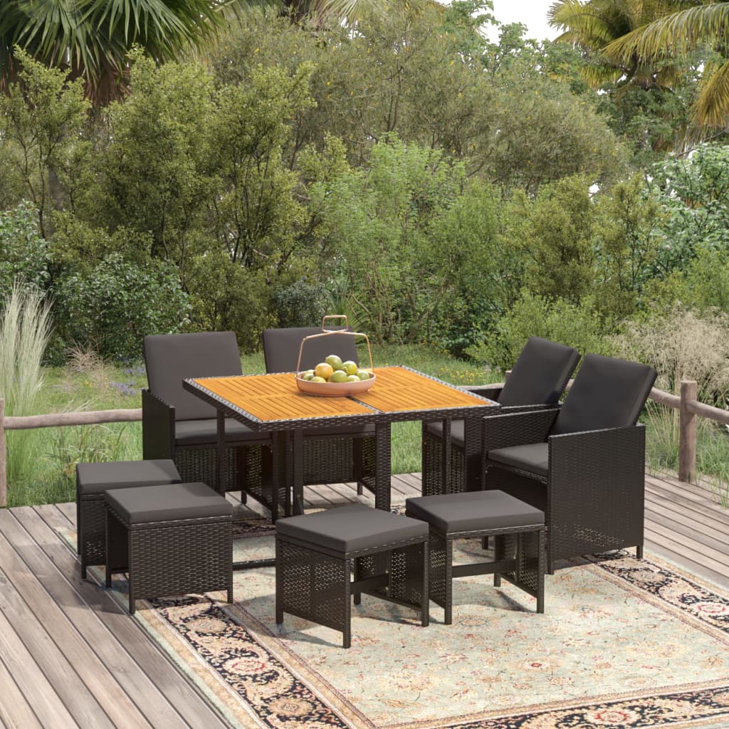 Set da Pranzo da Giardino 9 pz con Cuscini in Polyrattan Nero - homemem39