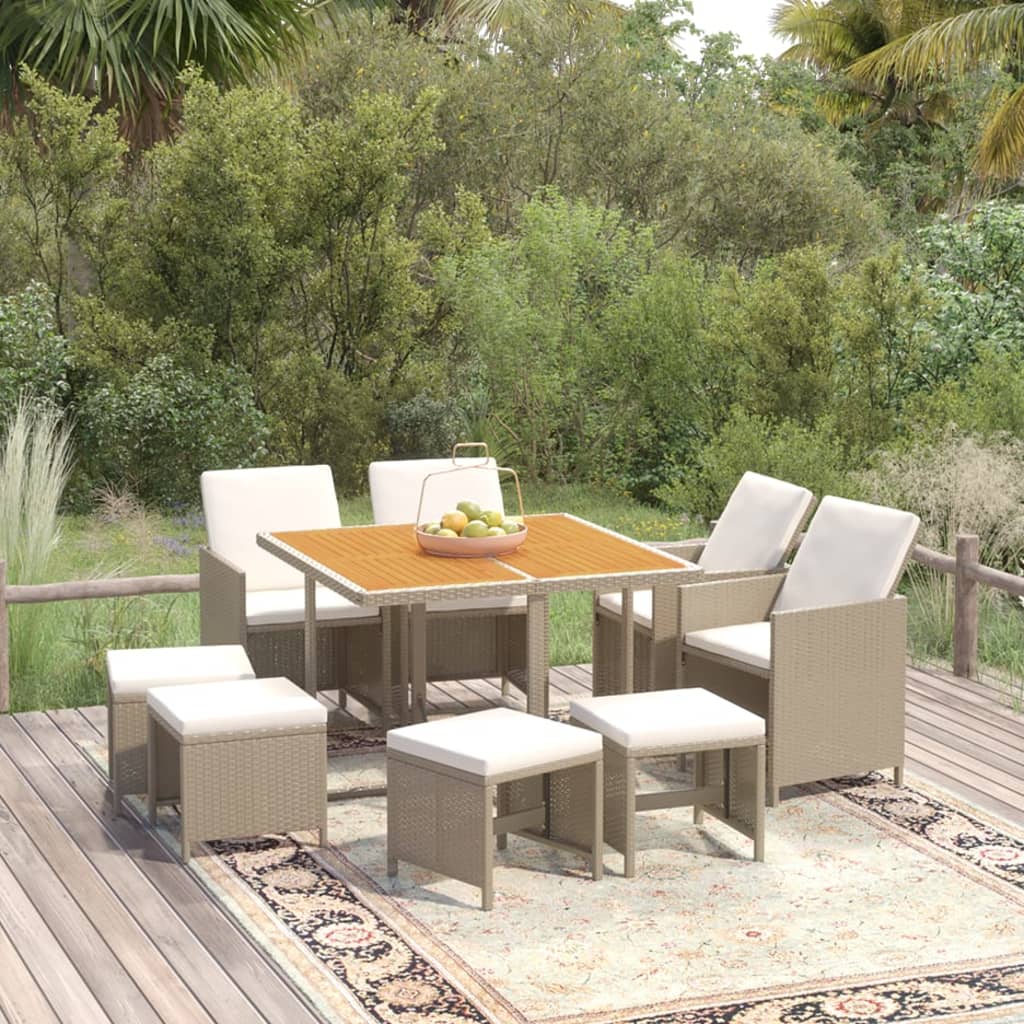 Set da Pranzo per Giardino 9pz con Cuscini in Polyrattan Beige - homemem39