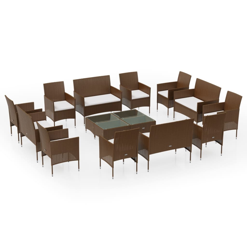 Set Divani da Giardino 16 pz con Cuscini in Polyrattan Marrone - homemem39