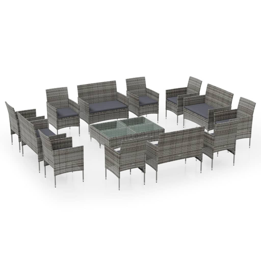 Set Divani da Giardino 16 pz con Cuscini in Polyrattan Grigio - homemem39