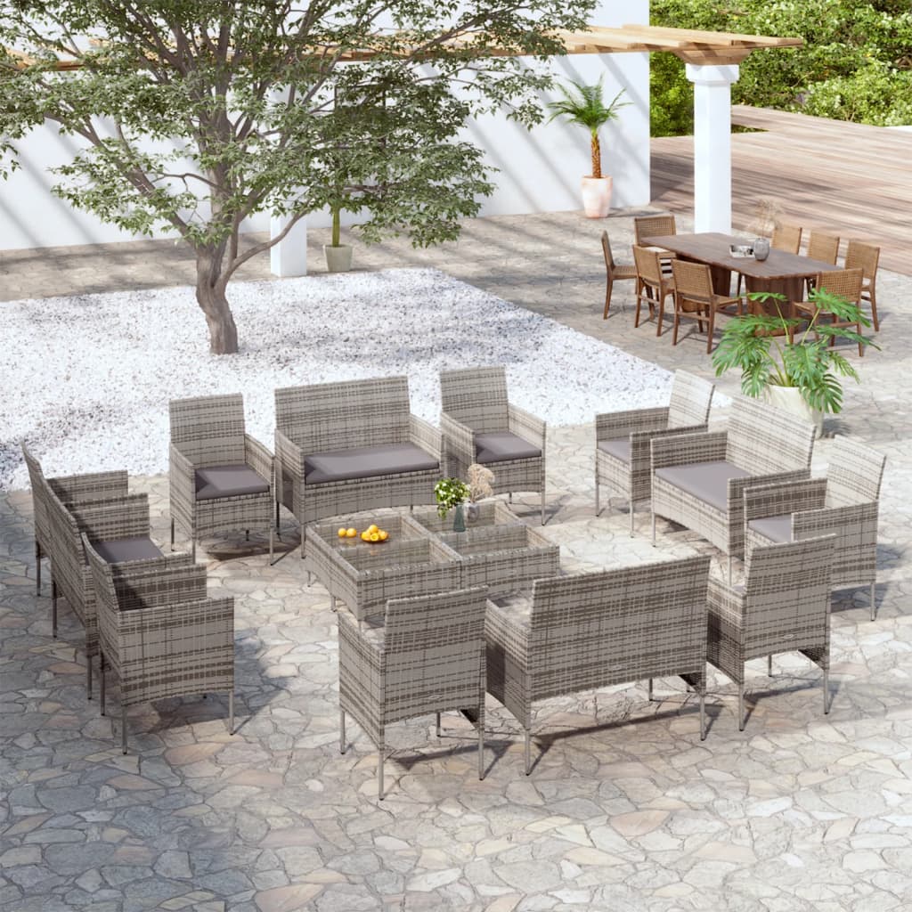 Set Divani da Giardino 16 pz con Cuscini in Polyrattan Grigio - homemem39