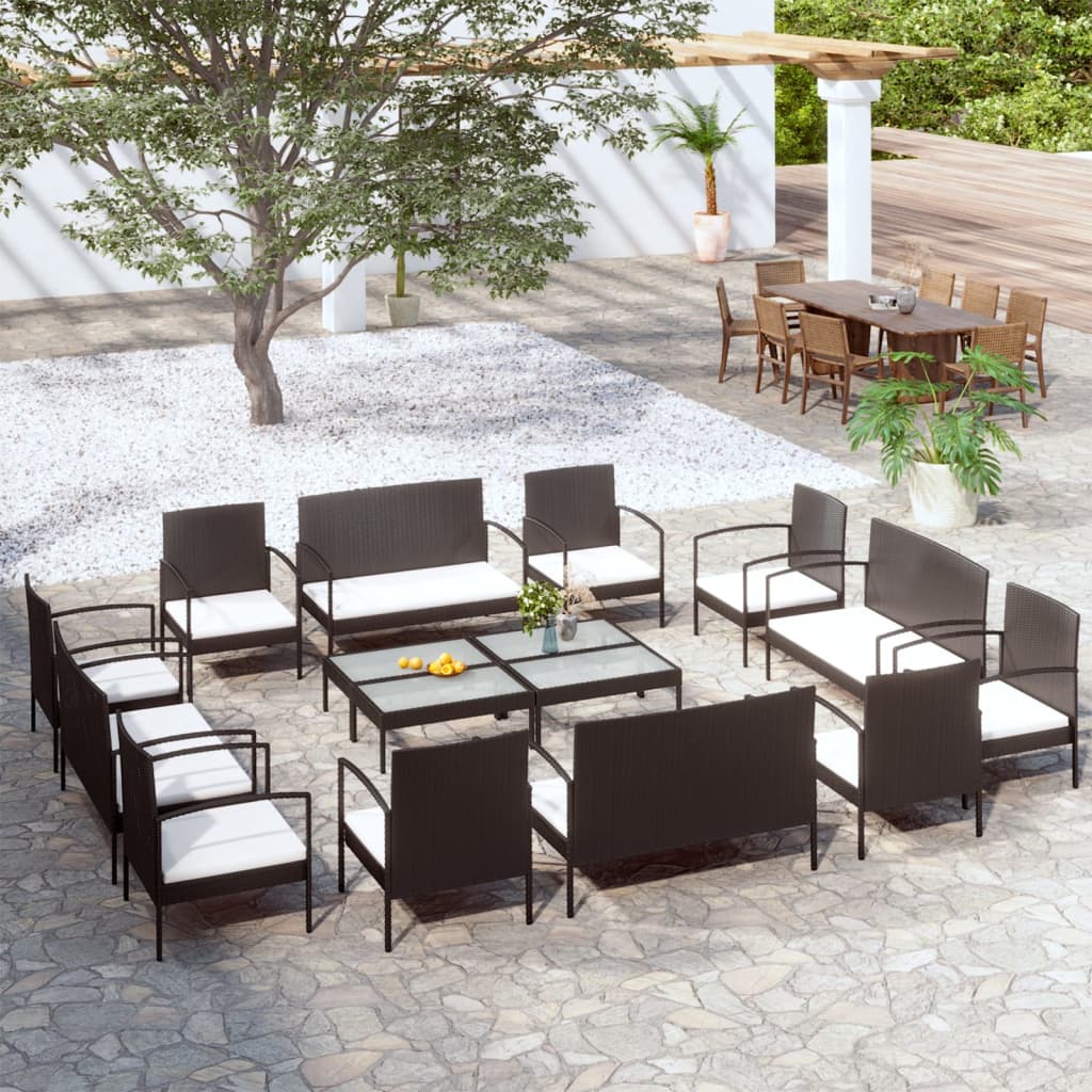 Set Divani da Giardino 16 pz con Cuscini in Polyrattan Nero - homemem39