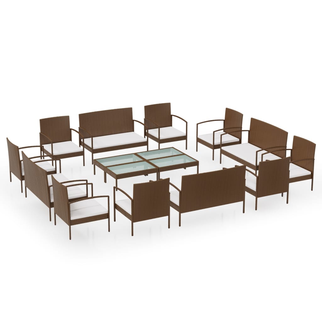 Set Divani da Giardino 16 pz con Cuscini in Polyrattan Marrone - homemem39