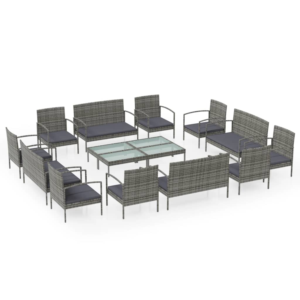 Set Divani da Giardino 16 pz con Cuscini in Polyrattan Grigio - homemem39