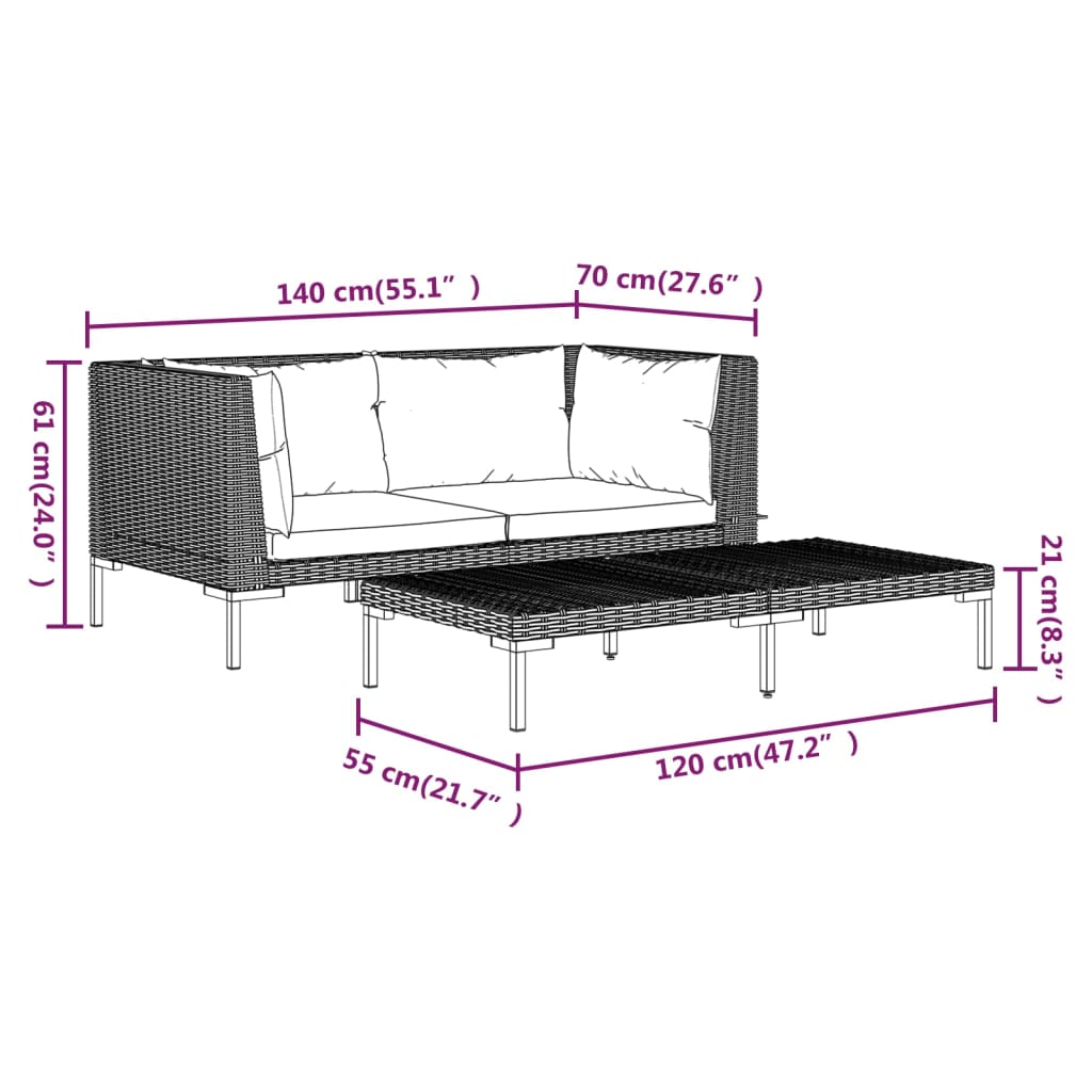 Set Divani da Giardino 3 pz Grigio Scuro Polyrattan Mezzo Tondo - homemem39