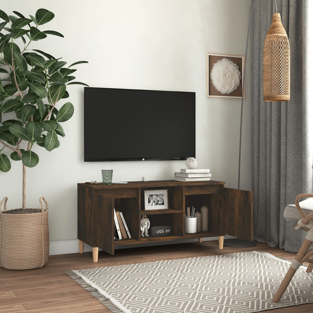 Mobile TV con Gambe in Legno Massello Rovere Fumo 103,5x35x50cm - homemem39