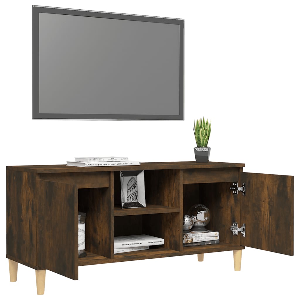 Mobile TV con Gambe in Legno Massello Rovere Fumo 103,5x35x50cm - homemem39