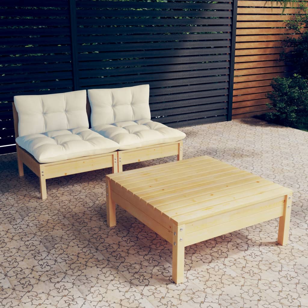 Set Divani da Giardino 3 pz con Cuscini Crema Massello di Pino - homemem39