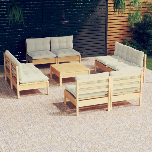 Set Divani da Giardino 9 pz con Cuscini Crema Massello di Pino - homemem39