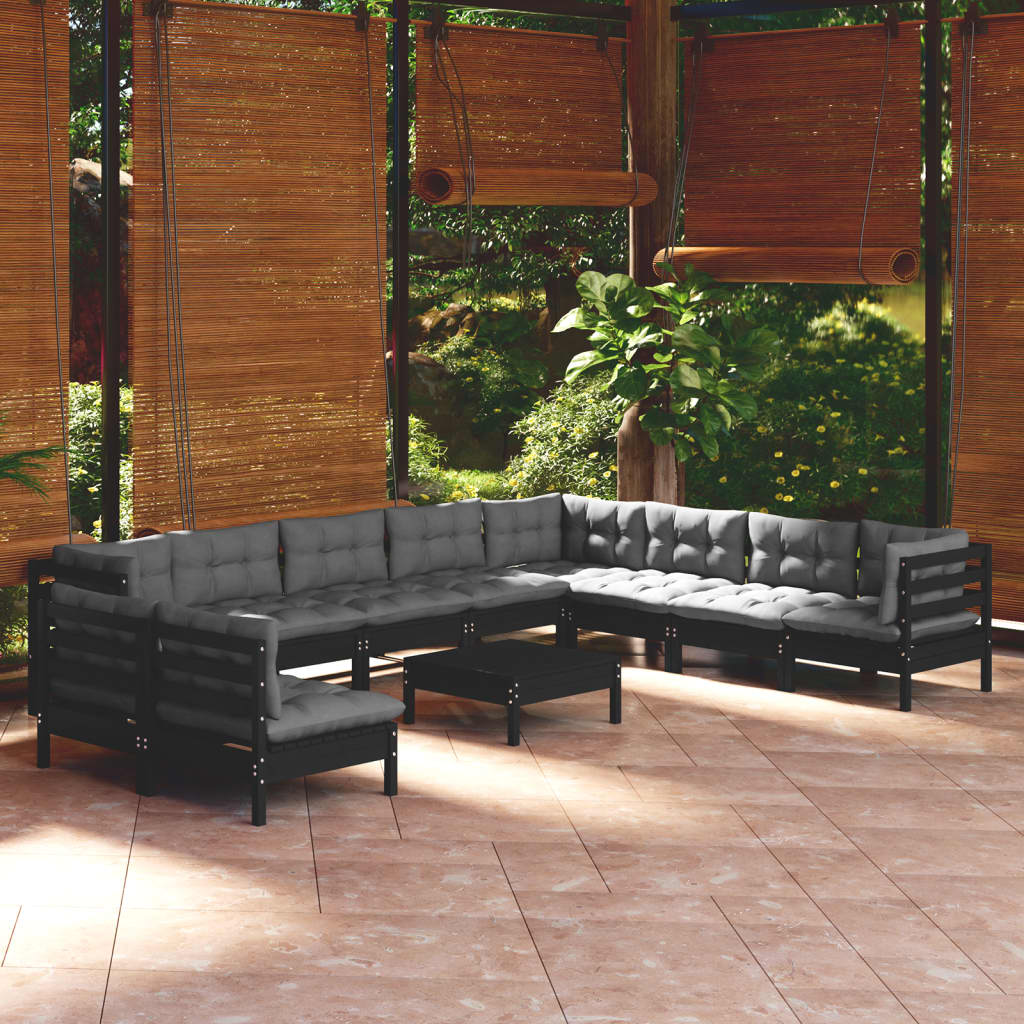 Set Divani da Giardino 11 pz con Cuscini Neri in Legno di Pino - homemem39