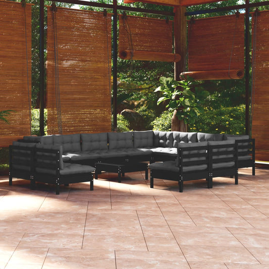 Set Divani da Giardino 13 pz con Cuscini Neri Legno di Pino - homemem39