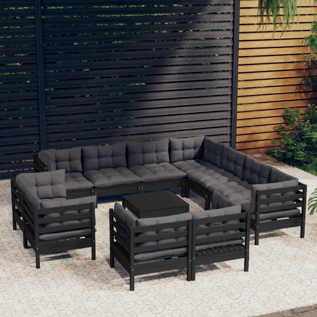 Set Divani da Giardino 12 pz con Cuscini Neri Legno di Pino - homemem39