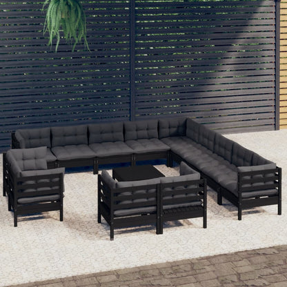 Set Divani da Giardino 14 pz con Cuscini Neri Legno di Pino - homemem39