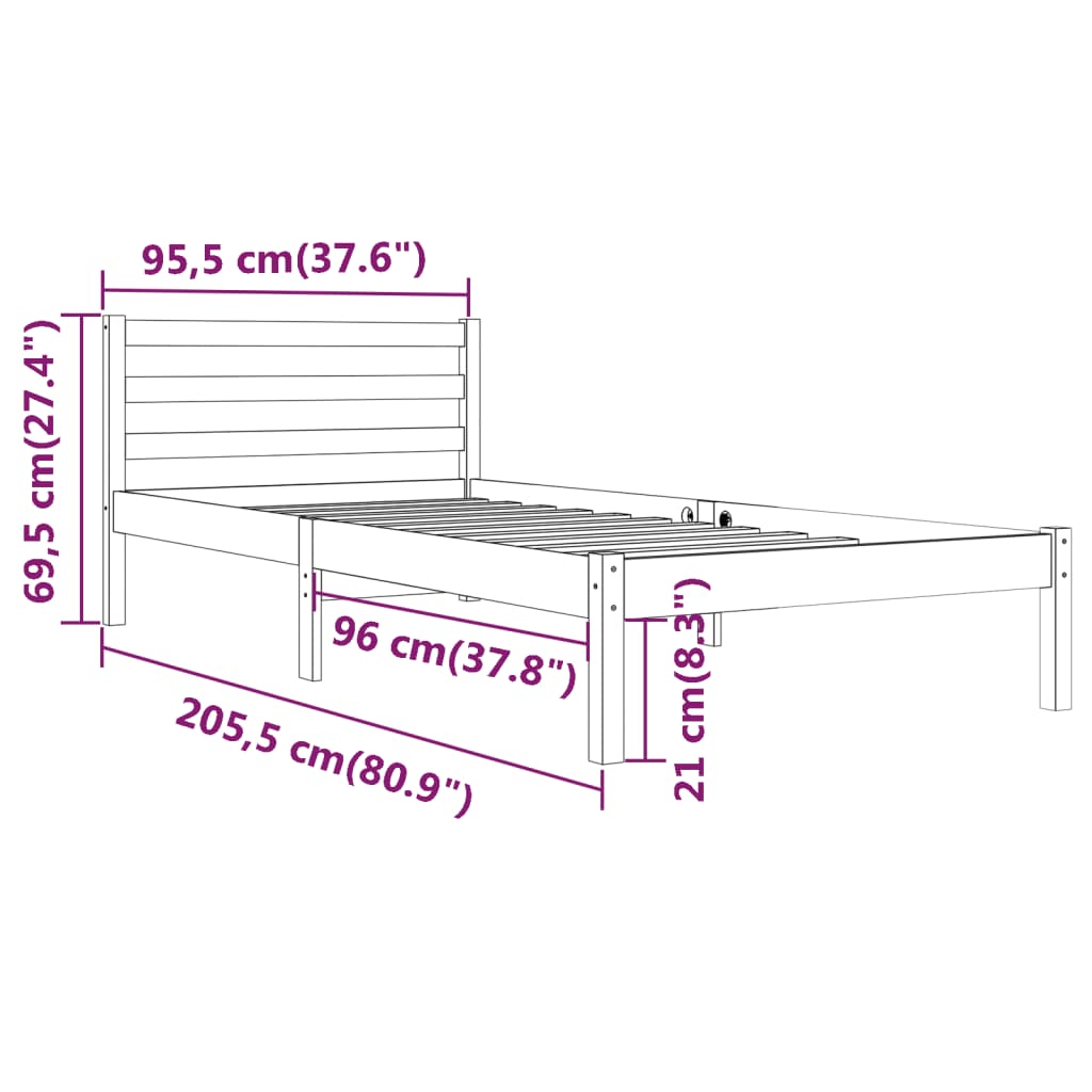 Telaio Letto in Legno Massello di Pino 90x200 cm Nero - homemem39