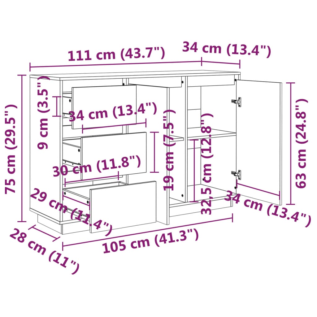 Credenza Bianca 111x34x75 cm in Legno Massello di Pino - homemem39