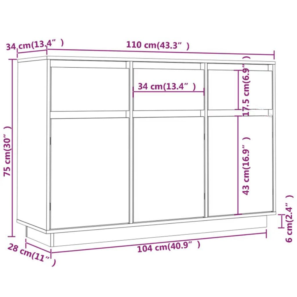 Credenza Bianca 110x34x75 cm in Legno Massello di Pino - homemem39