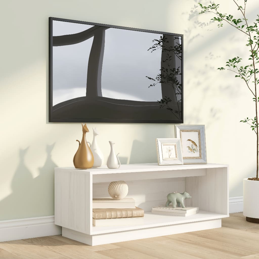 Mobile Porta TV Bianco 90x35x35 cm in Legno Massello di Pino - homemem39