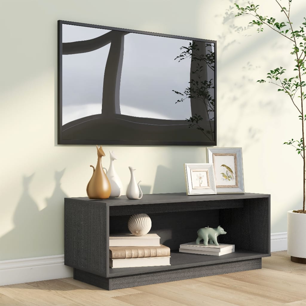 Mobile Porta TV Grigio 90x35x35 cm in Legno Massello di Pino - homemem39