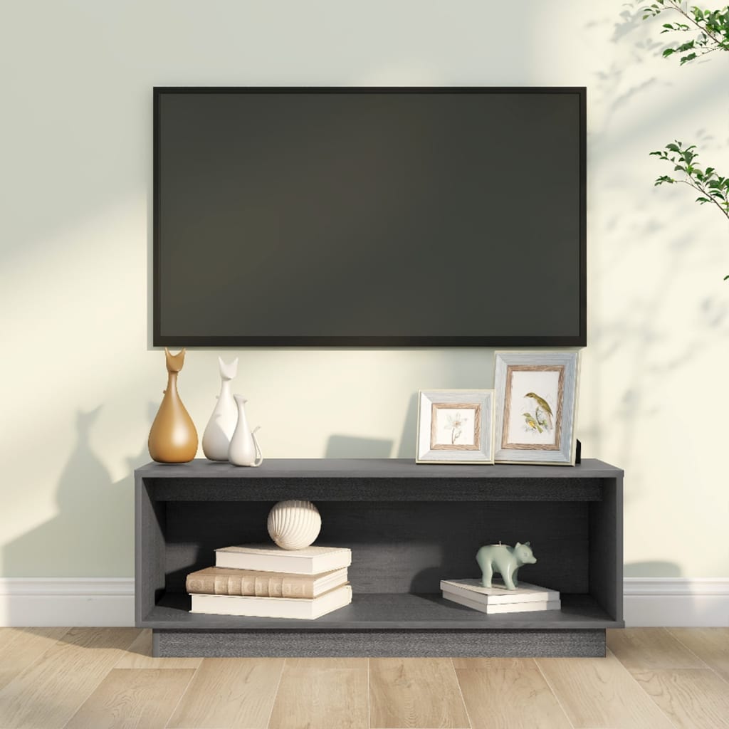 Mobile Porta TV Grigio 90x35x35 cm in Legno Massello di Pino - homemem39