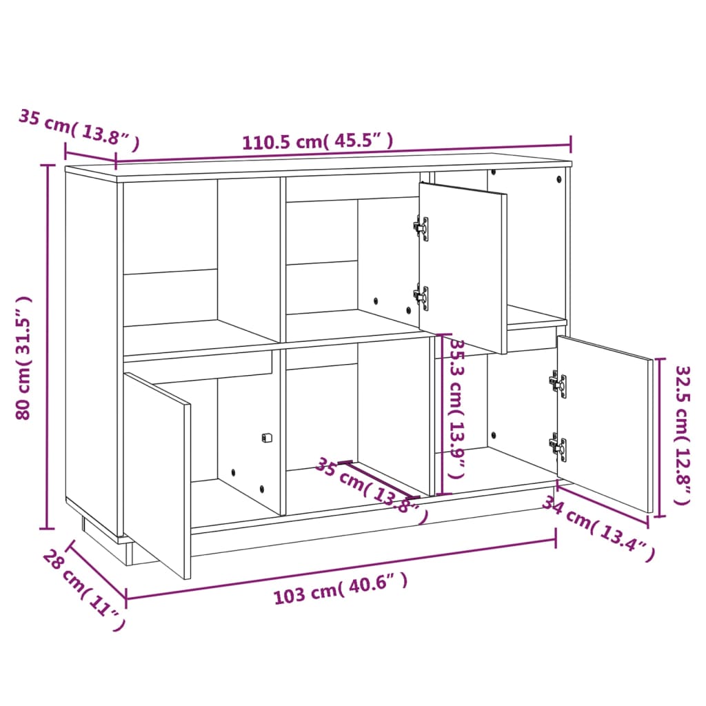 Credenza Bianca 110,5x35x80 cm in Legno Massello di Pino - homemem39